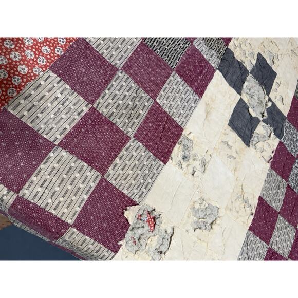 Vintage Handmade Hand Quilted Patchwork Block Quilt 74x82 Antique Tattered - Picture 5 of 6